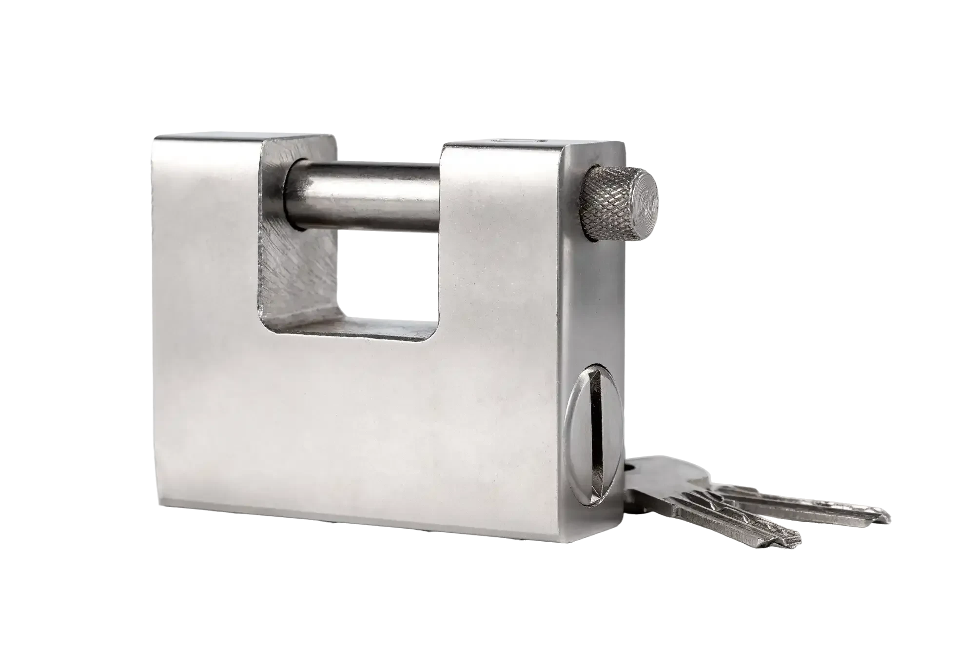 Heavy-duty industry-standard padlock for shipping container security.